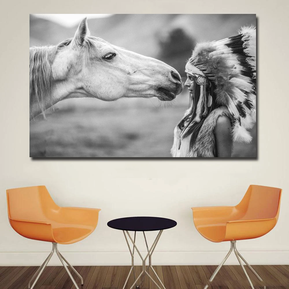 

Black And White Canvas Painting Native American Indian Girl Nordic Feather Wall Art Poster Print for Living Room Home Decor