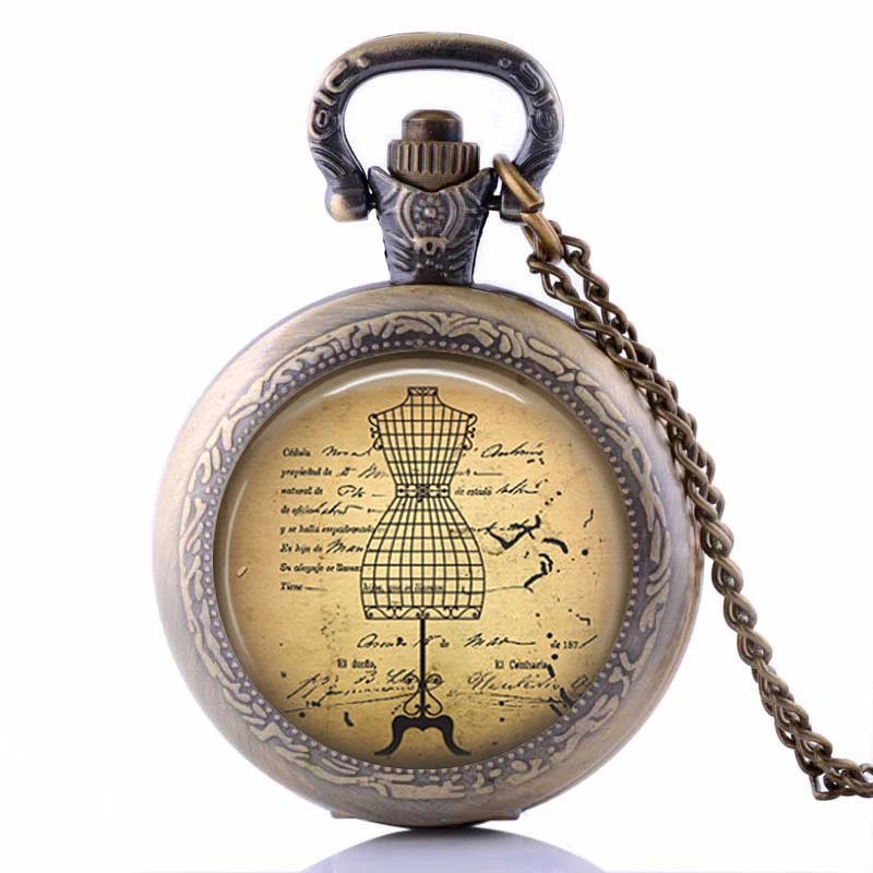 

Seamstress Jewelry Sewing Necklace Dressmaker Form Vintage Fashion Art Pendant Dressmaker Pocket Watch Necklace