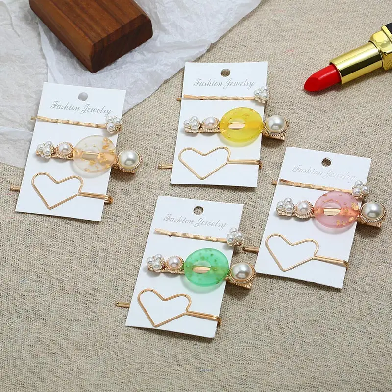 LNRRABC 2019 new Barrette Snap heart pearl Women Hair Hairpin Clips Acrylic Accessories 3Pcs Stick Pearl Headwear |