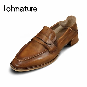

Johnature 2020 New Spring/autumn Genuine Leather Square Toe Retro Casual Sewing Solid Slip-on Low Heel Women Shoes Pumps