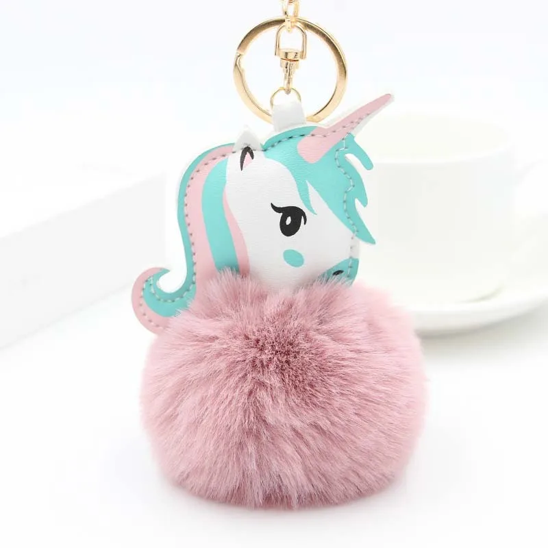 Pompom Unicorn Keychain Rabbit Fur Ball Horse Key chain porte clef Bag Car Keyring llavero mujer chaveiros For Women