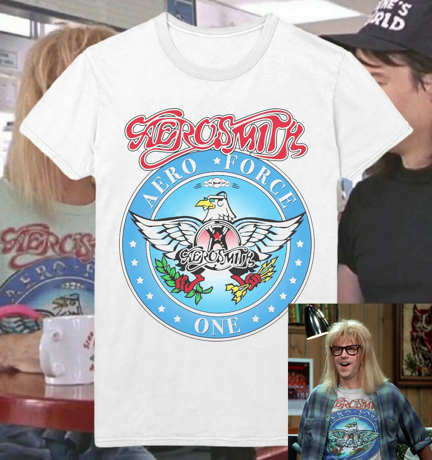 

WAYNE'S WORLD WORN BY GARTH AEROSMITH AERO FORCE PH323 UNISEX WHITE T-SHIRT