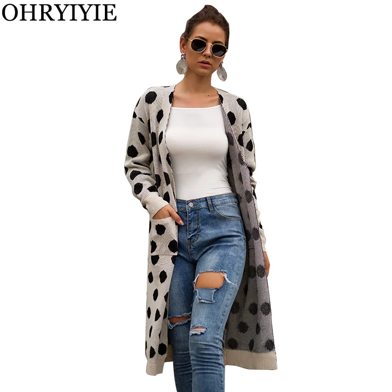 

OHRYIYIE Loose Streetwear Long Cardigan Sweater Women Autumn Winter Polka Dot Knitted Cardigans With Pockets Lady Outerwear Coat