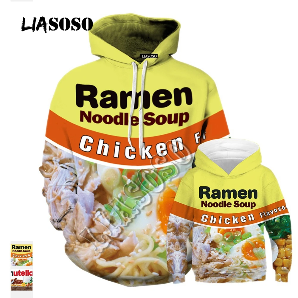 

LIASOSO Men Women 3D Sweatshirt Kids Ramen Noodle Soup Print Hooded Sweatshirt Funny Chicken/Beef/Nutella Hip Hop Streetwear K18
