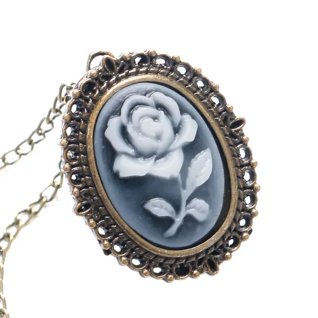 Fashion White Rose Bronze Quartz Pocket Watch Necklace Chain Girl Lady Women P61 Fashion White Rose Bronze Quartz Pocket Watch Necklace Chain Girl Lady Women P61