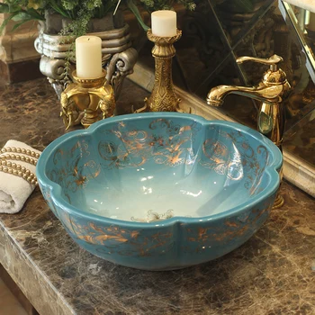 

Flower shape Europe style chinese washbasin sink Jingdezhen Art Counter Top ceramic bathroom wash basin sink ceramic blue color