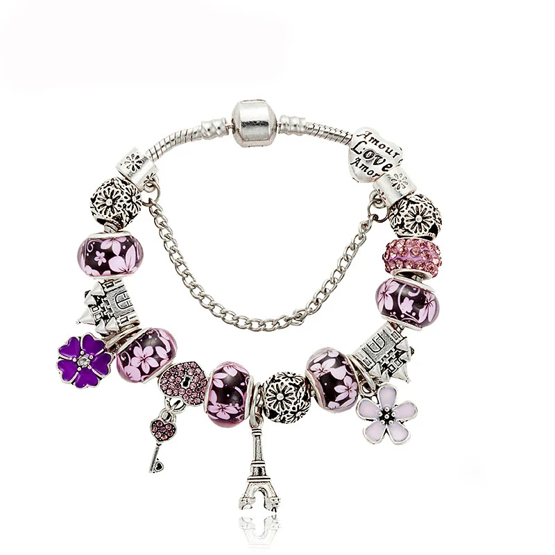 

Silver color Crystal Charm Bracelets for Women With Purple Beads bracelets & bangles Love DIY Jewelry Bracelet Femme