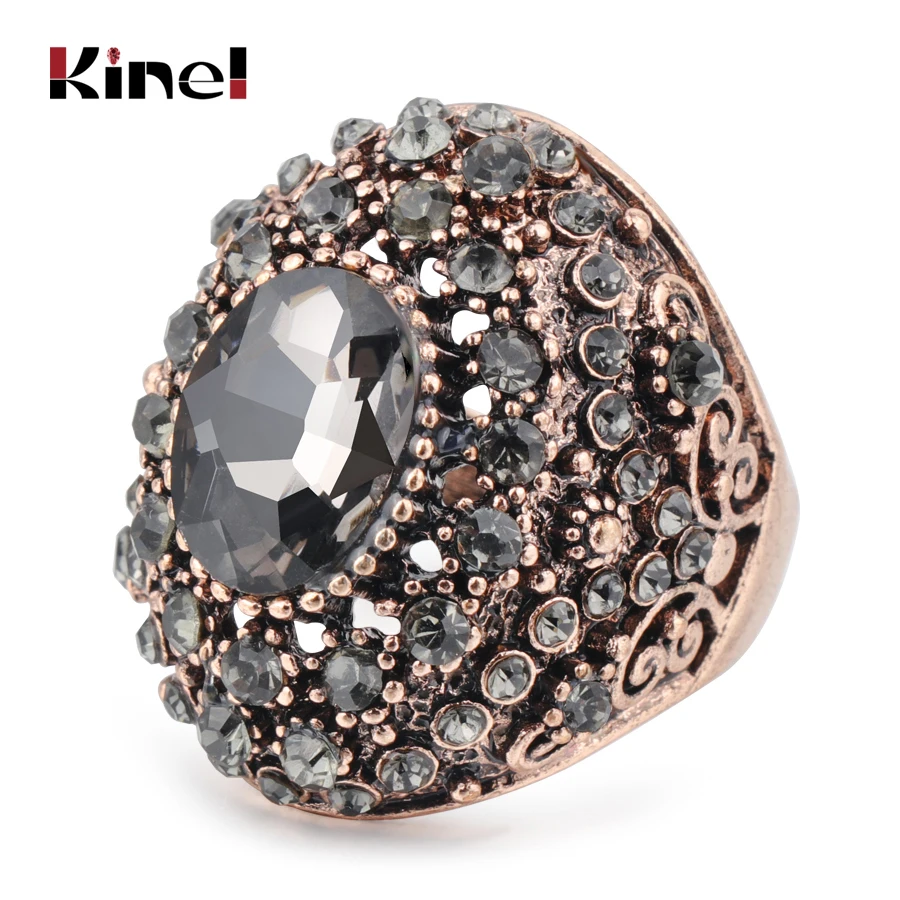 

Kinel Fashion Big Rings For Women Hollow Gray Rhinestone Antique Gold Color Vintage Wedding Ring 2019 New Party Jewelry