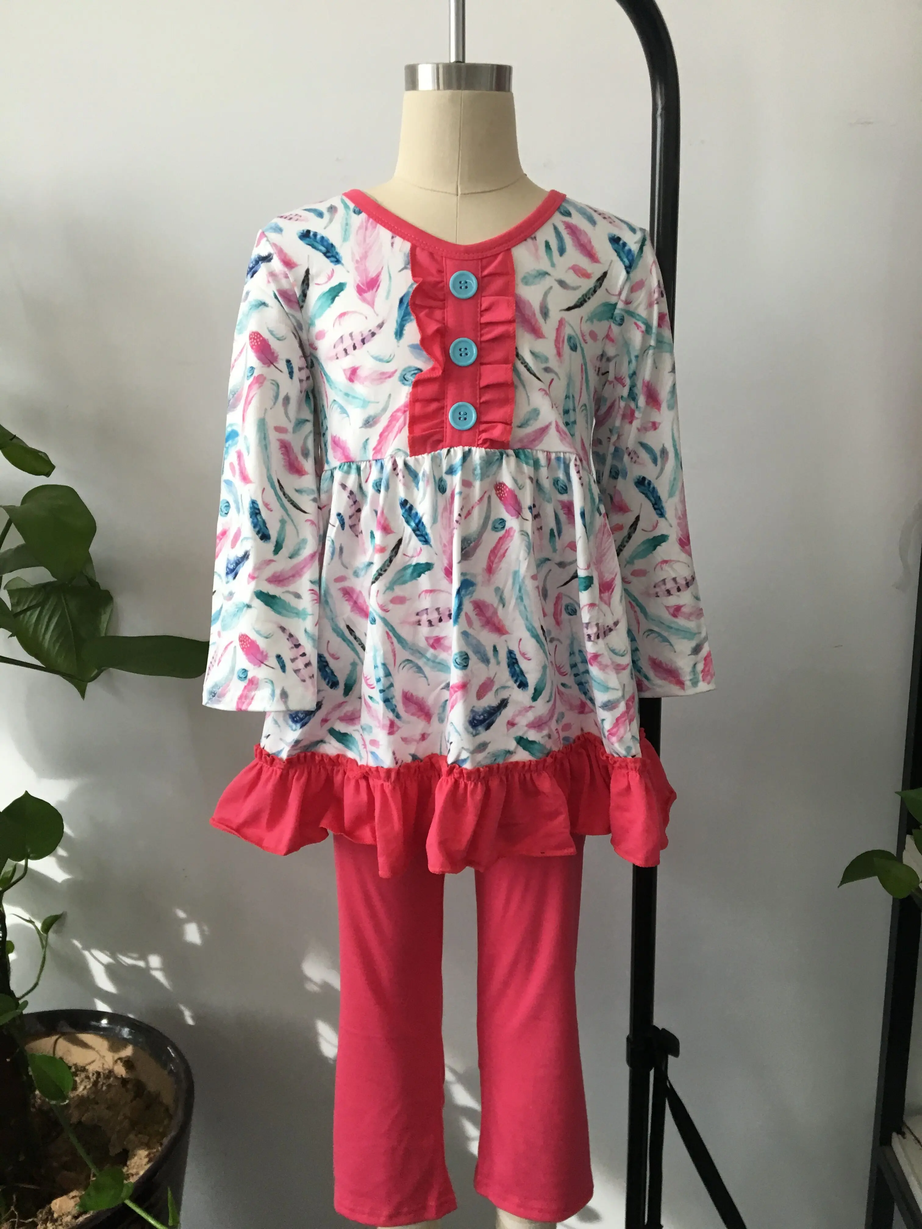 

children girl feather printed fall winter kids clothing set top match legging girl set