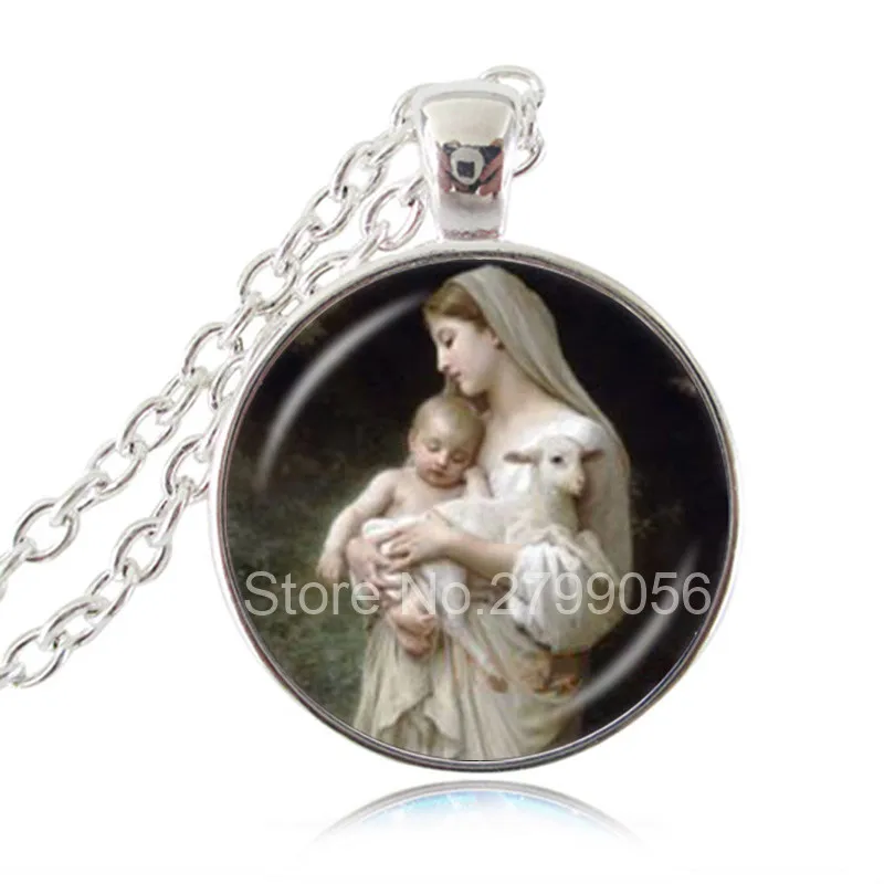 

Virgin Mary Jesus and Lamb Necklace Mother of Baby Glass Cabochon Pendant Catholicism Sweater Chain Necklace Christian Jewelry