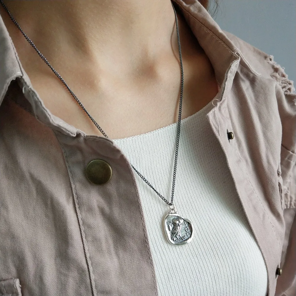 

Trendy Athena Owl Necklace Sterling Silver For Women Ancient Coin Replica Pendant Necklace Jewelry Pendentif Argent 925 2019 New