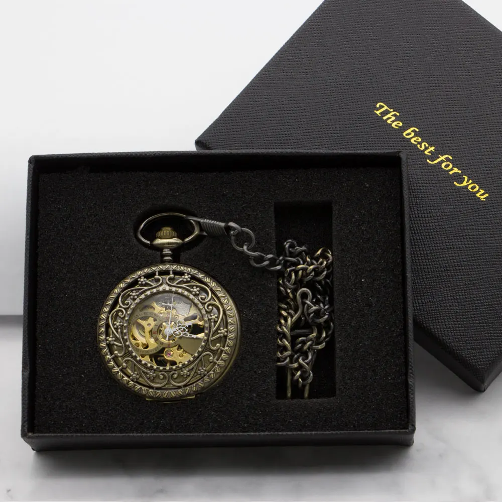 Лидирующий бренд ожерелье из бронзы часы Скелет с циферблатом механический карманные часы с брелок цепи полые Рука обмотки для мужчин для
