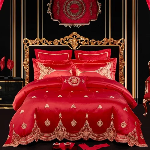 Сатиновое постельное белье, хлопок, красный свадебный роскошный комплект постельного белья, королевское одеяло/пододеяльник, простыня, наволочки, parrure de lit - Цвет: Bedding set 8