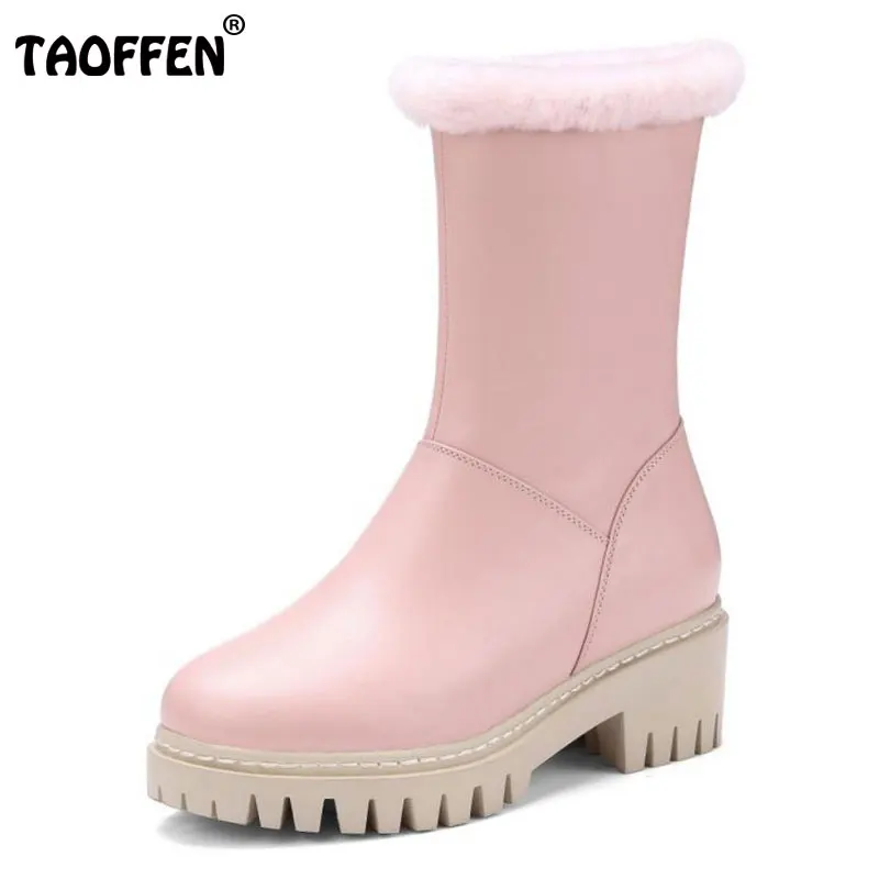 TAOFFEN Cold Winter Snow Shoes Women Real Leather Thick High Heel Mid Calf Winter Boots Women Warm Fur Snow Botas Size 34-39 lukuco pure color women mid calf snow boots with faux fur design high quality pu made med wedges heel shoes