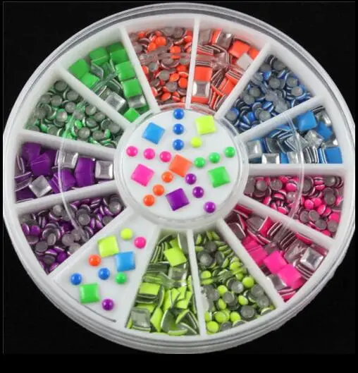 

6Colors Mix neon colors round Square shape nail studs 3D Design Manicure Metal Nail Studs Nail Decoration Wheel -2mm/3mm