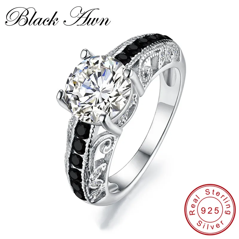 

[BLACK AWN] Vintage 925 Sterling Silver Fine Jewelry Trendy Wedding Rings for Women Black Spinel Engagement Bague C092