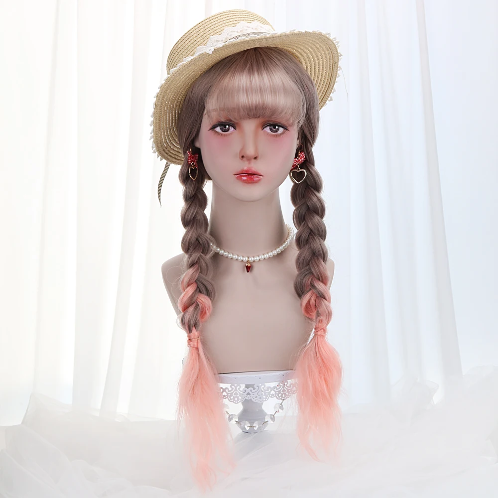 

26" Long Wavy Cosplay Lolita Wig With Bangs Brown Pink Ombre Synthetic Hair Party Cosplay Costume Wigs For Women Heat Resistant