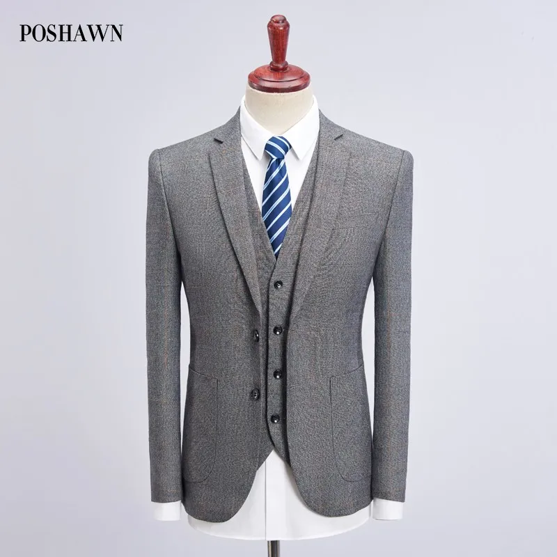 POSHAWN Grey Plaid Striped Men Suits With Pants And Vest Double Button Formal Blazers Men 3 Pieces Tuxedo Wedding Suit 2019