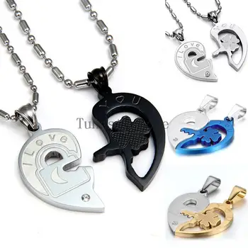 

Fashion Valentine "Love You" lock and key couples necklace set Titanium Stainless Steel Heart Necklaces For Women Men (One Pair)