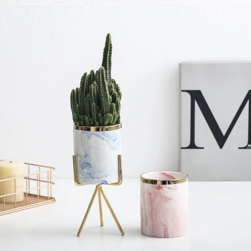 European Style Living Room Decoration Ornament Metal Frame Ceramic Vase Succulent Flower Pot Ceramic