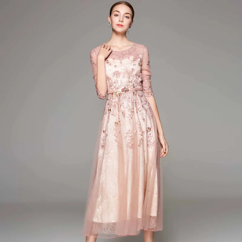 

Tulle Lace Embroidery Long Dress New Style 2018 Autumn Wedding Party Long Maxi Dress Women Luxury Dress Vestidos De Longo Festa