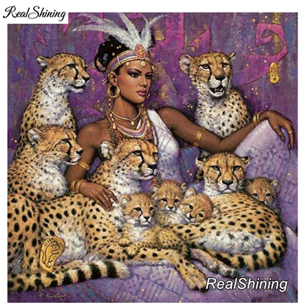 

REALSHINING Full Square 5D DIY Diamond Painting Woman Leopard Embroidery Cross Stitch Rhinestone Mosaic Painting DE196