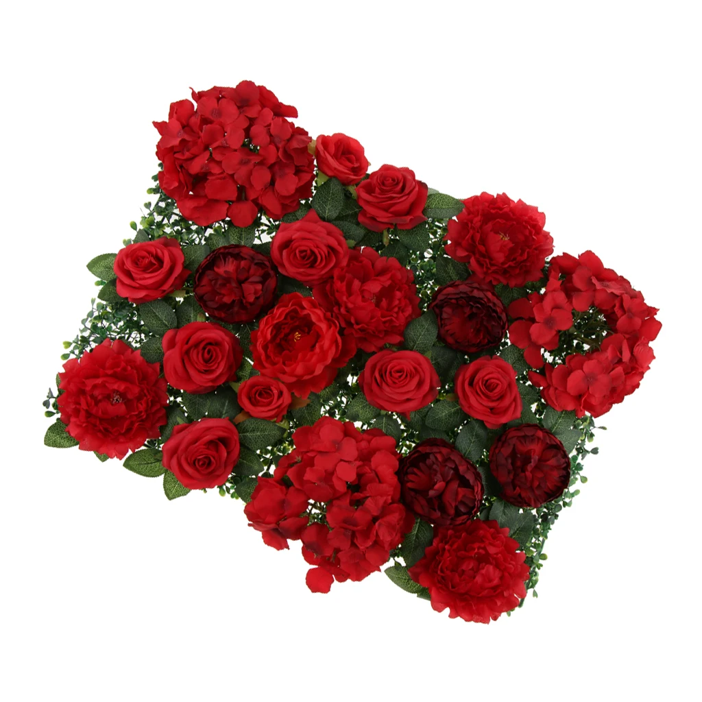 5pcs Artificial Rose Peony Hydrangea Flower Wall Panels Backdrop Red