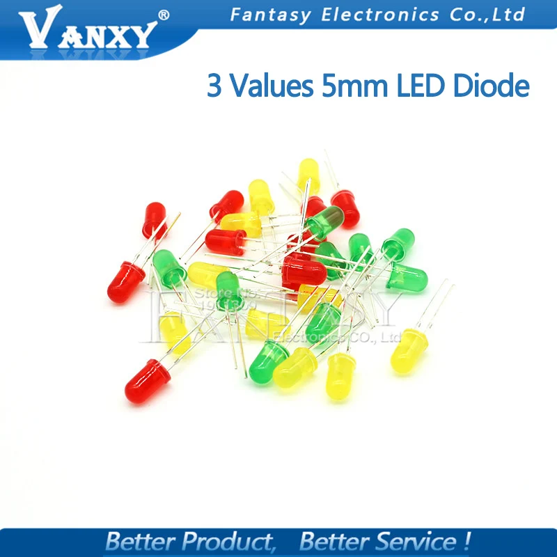 

3Colors*10PCS=30PCS 5mm LED Diode Light Assorted Kit Yellow Red Green component diy samples kit new and original