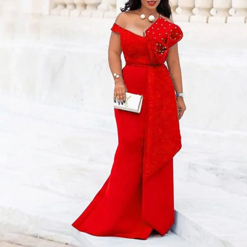 Online Bodycon Red Meerjungfrau Spitze African Party Kleider Frauen Abendkleid Plus Größen 3XL Elegante Lange Sexy 2019 Backless Off Schulter Kleid