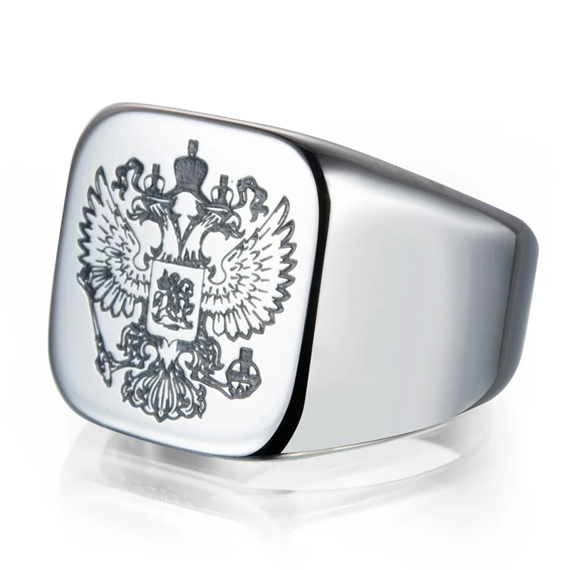 Размер США от 7 до 14 полированное кольцо с орлом байкерское мужское кольцо из нержавеющей стали герб России перстень для мужчин - Цвет основного камня: Etching Silver
