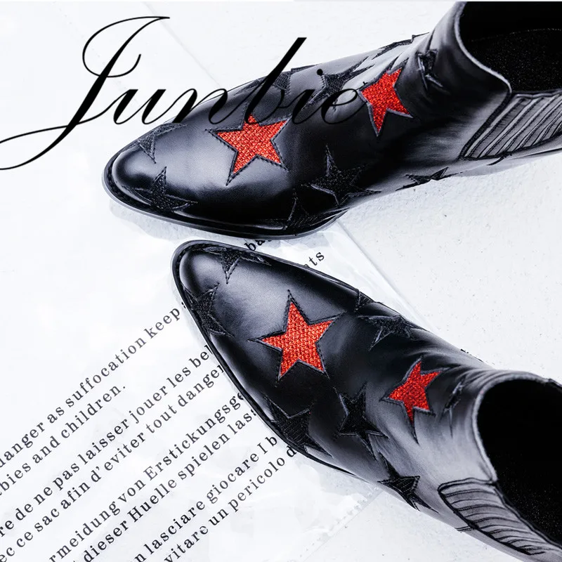 

JUNBIE New Genuine Leather Comfortable Slip Women Thick Heel Shoes Gladiator Cowboy Women Autumn Cool Boots Shoes Women