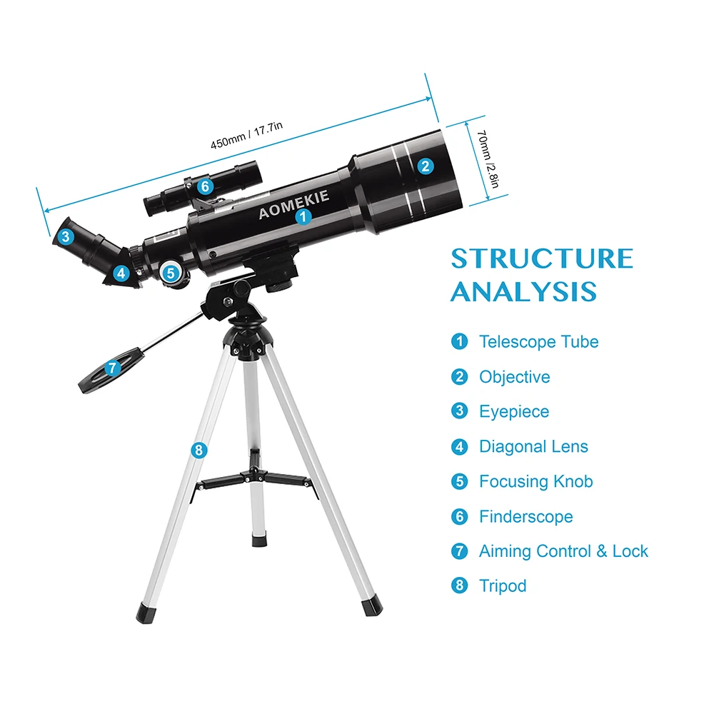 Телескоп AOMEKIE 400 мм фокусная длина с HD 70 мм большой объектив компактный штатив 16X/66X для наружного наблюдения за луной детский подарок