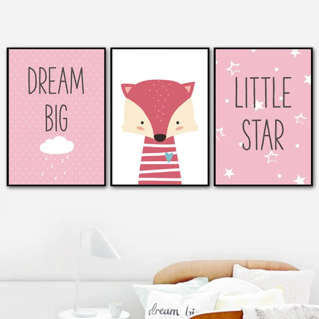 Мультфильм лиса розовый Hello Word Dream Space Art Настенная картина в скандинавском стиле