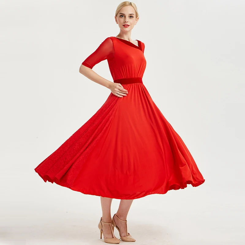 

Ballroom Dance Dress Mid Sleeve Asymmetrical Neckline Lace Long Skirt Waltz Celebrity Dresses Practice Dancing Clothes DN3265