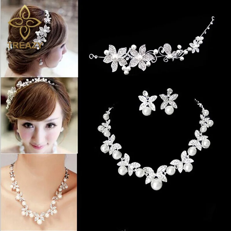 TREAZY Fashion Flower Crystal Pearl Bride 3pcs Set Necklace Earrings Tiara Bridal Wedding Jewelry Set Accessories
