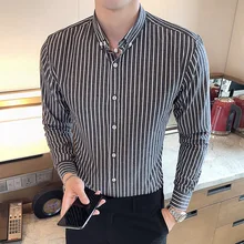Новое поступление, полосатые рубашки, мужские рубашки с длинным рукавом, хлопковые облегающие мужские деловые повседневные рубашки, рубашки Chemise Homme