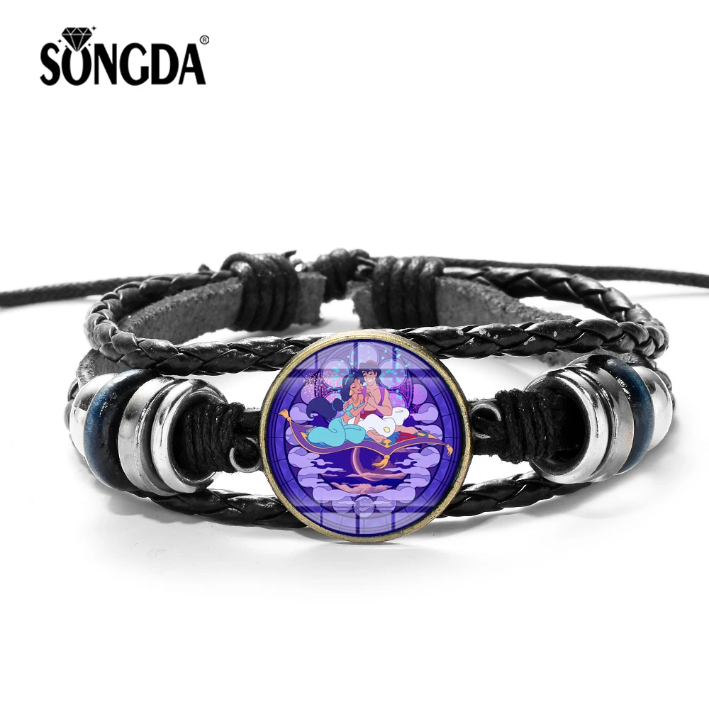 

SONGDA Creative Anime Aladdin Bracelets & Bangles Jasmine Princess Aladdin Lamp Elf Magician Poster Glass Gem Leather Bracelet