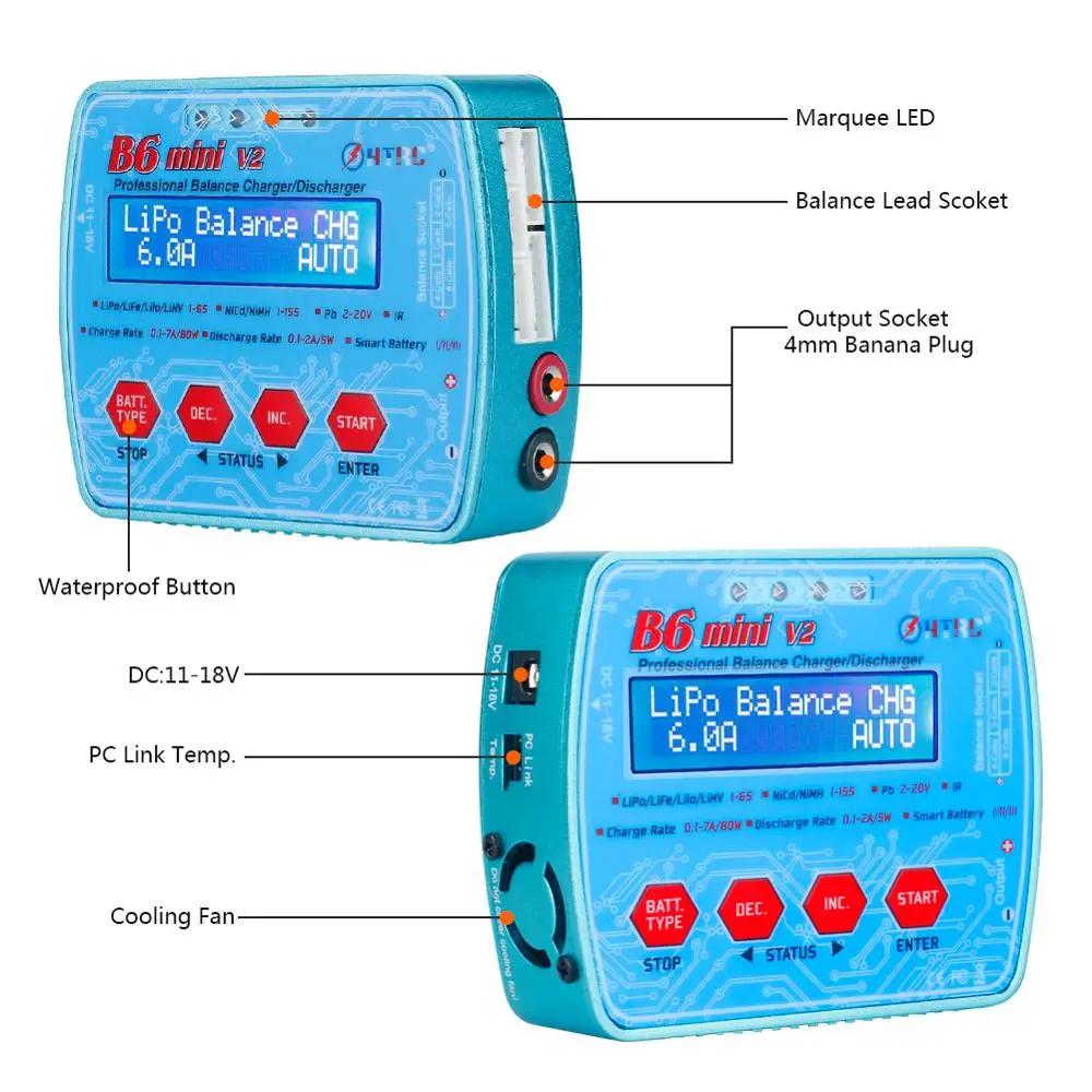 Battery Charger HTRC iMax B6 Mini V2 80W Digital Charger RC Battery Charger Discharger for PB Lipo Lihv LiIon LiFe NiCd NiMH Smart