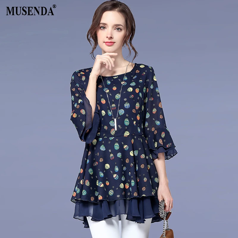 Vente MUSENDA Plus La Taille Femmes Bleu Royal En Mousseline de Soie Imprimer Tunique 3 4 Flare Manches Chemisier 2018 D été Dames De Mode Casual Shirt Tops 5XL