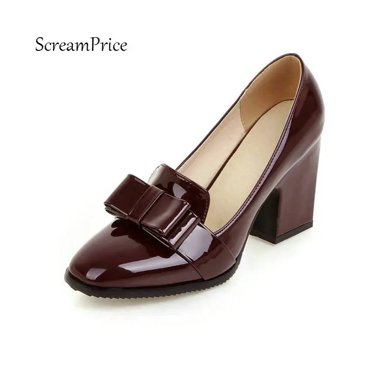 

Fashion Square Toe Chunky High Heels Small Bowtie Slip On Lazy Shoes Spring Fall Party Women's Pumps Beige Red Black