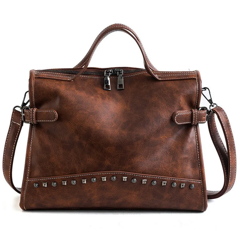 

Hot Vintage Oil Leather Ladies Handbags Rivet Larger Women Bags Shoulder Bag Motorcycle Messenger Bag Top-Handle Bags Sac A Main