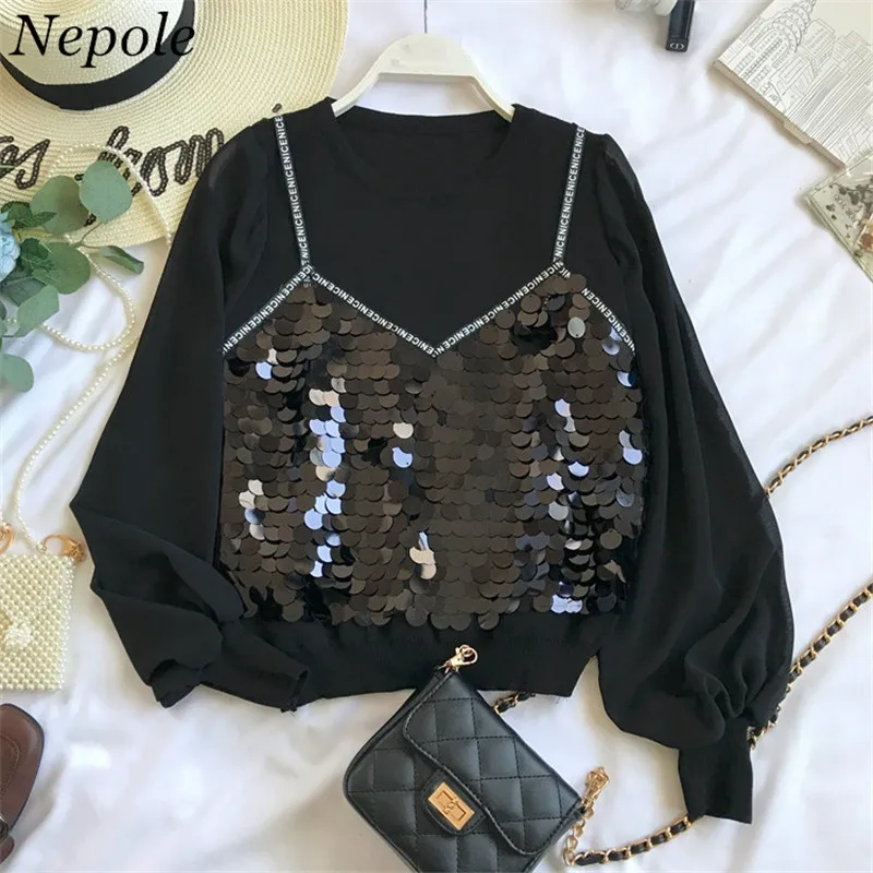 

Neploe Fake Two Piees Shinny Sequined Blusas Letters Print Grace Women Blouse 2019 Spring Autumn New Fashion Elegant Shirt 69261