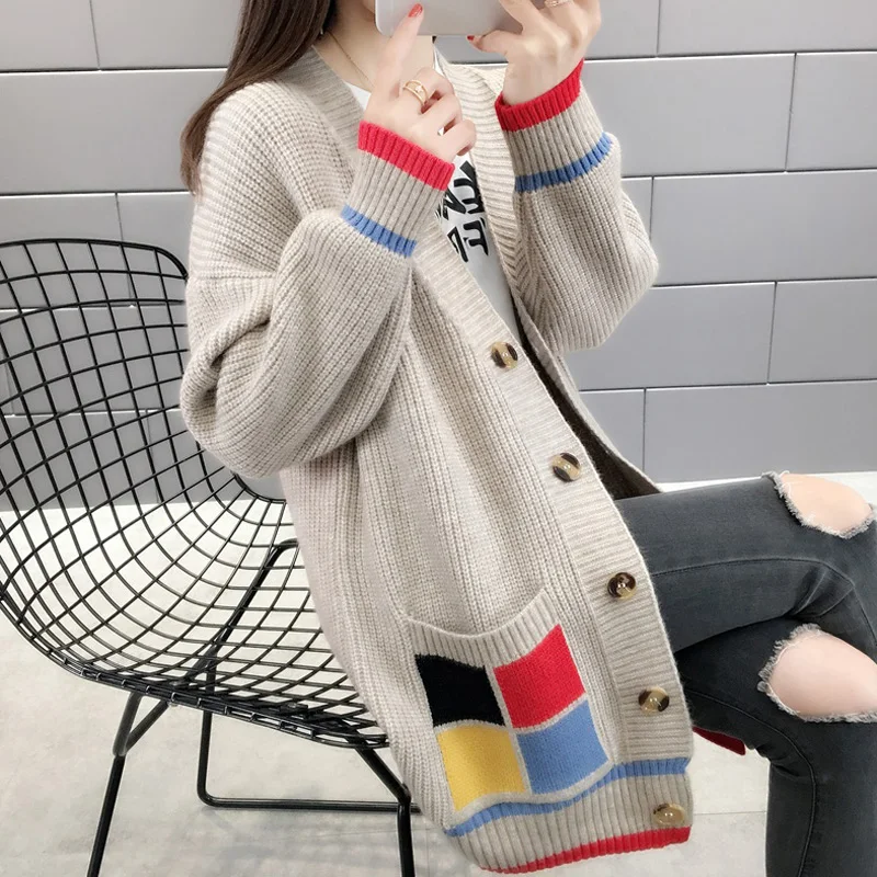 

winter new stylish women sweater and cardigan patchwork pockets knitted thicken warm lady female outwear coat tops