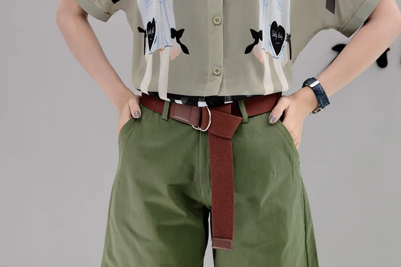 С поясом! 3 шт., женские летние армейские зеленые винтажные свободные топы с принтом, блузки и короткие штаны-шаровары, костюм, комплект одежды NS394