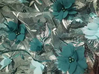 

1 yard heavy green 3d flower lace fabric, heavy beaded lace fabric, nude pink bead lace fabric, haute couture