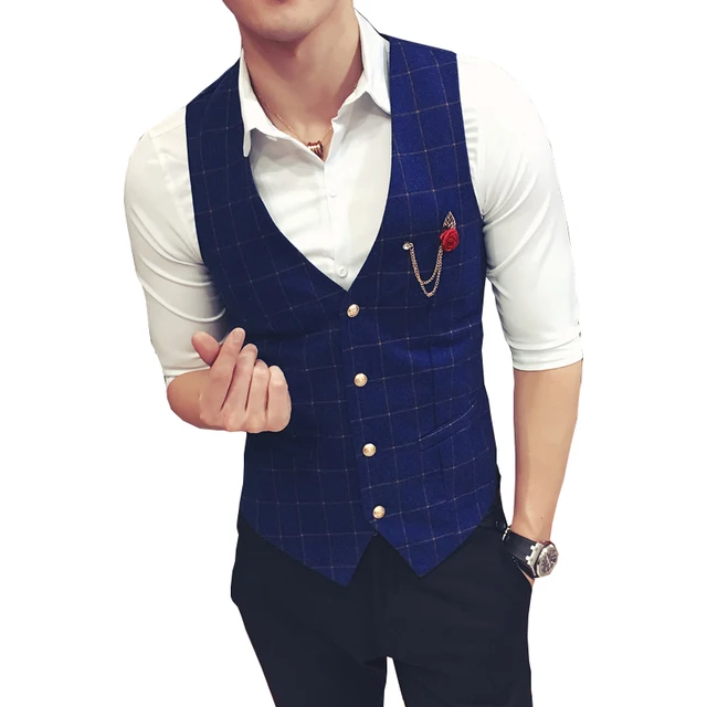 2017 New Fashion Rose Brooch Plaid Vest Men Quality Thin Slim Fit ... 2017 New Fashion Rose Brooch Plaid Vest Men Quality Thin Slim Fit Waistcoat Gilet Formal Wedding