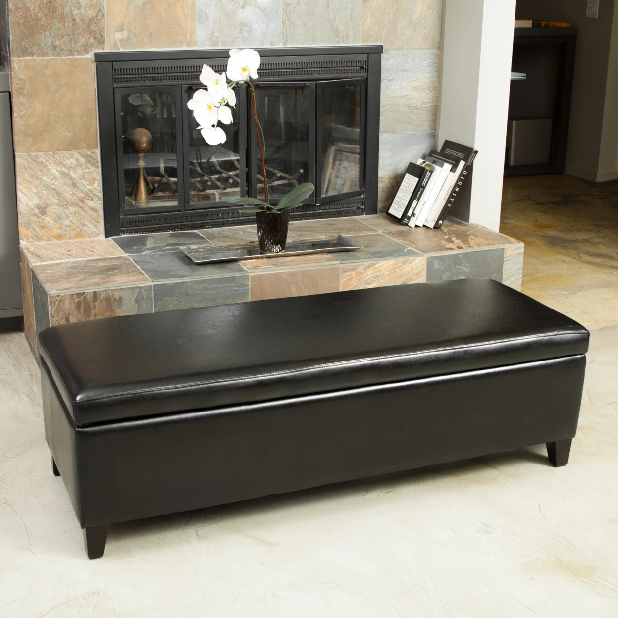 

Stratford Black Leather Storage Ottoman Bench