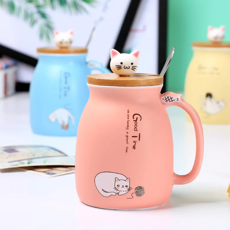 buy 450ml cartoon cat ceramic cup Japanese creative coffee mug with lid with spoon cup cute girls gifts