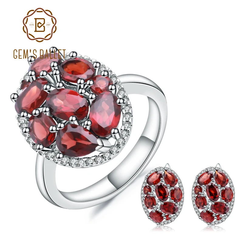 

GEM'S BALLET Oval Natural Red Garnet Trendy Earrings Ring Set 925 Sterling Silver Gemstone Jewelry Sets For Women Gift