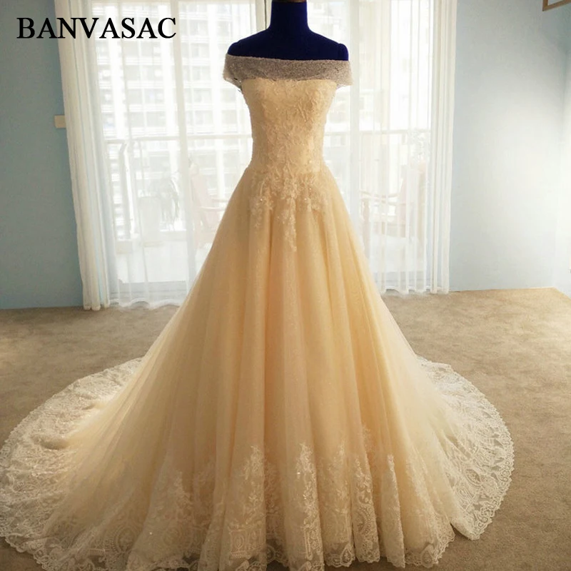 BANVASAC Real Photos Boat Neck A Line Lace Appliques Wedding Dresses 2018 Short Cap Sleeve Plus Size Court Train Bridal Gowns | Свадьбы и